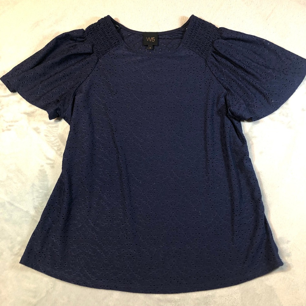 W5 Concepts Anrhropologie Eyelet Puff Sleeve Top Womens Small Navy Blue Smocked